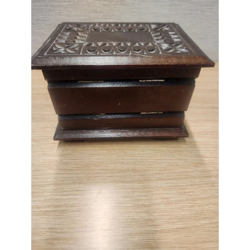 Vintage Hand Carved Wood Double Secret Compartment Hinged Trinket Or Jewelry Box